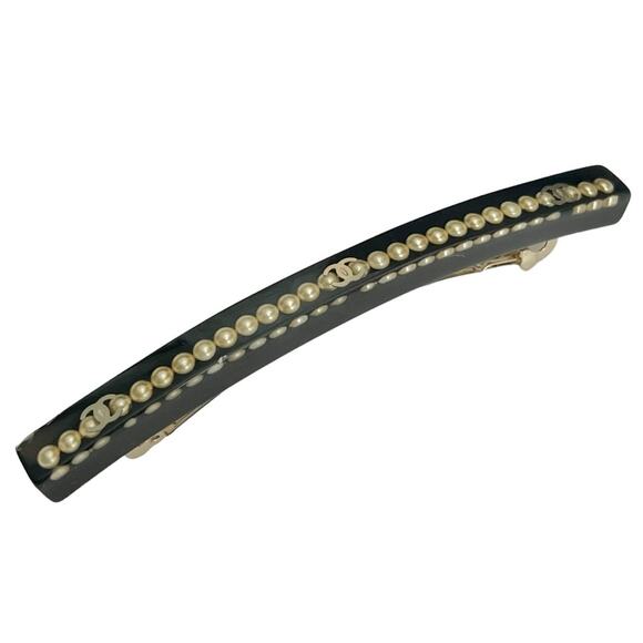 AUTH VTG Chanel Black Resin Pearl & Gold CC Logo Inclusion Hair Clip Barrette main image 10